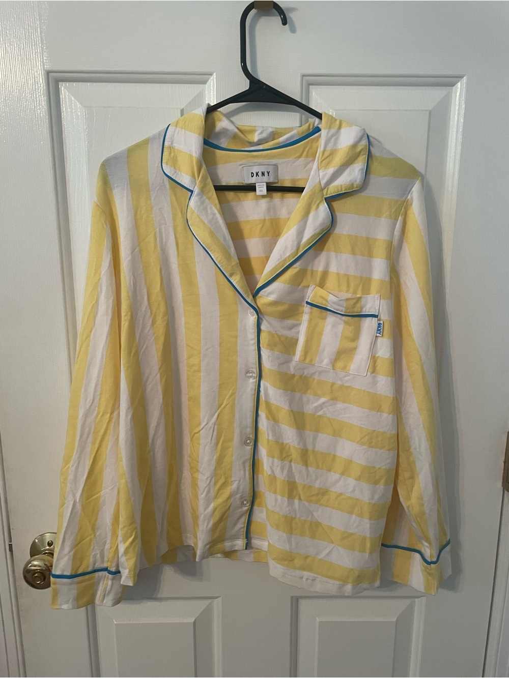 DKNY Yellow and White Striped Kids Pajama Set with Blue Trim - Picture 4 of 11